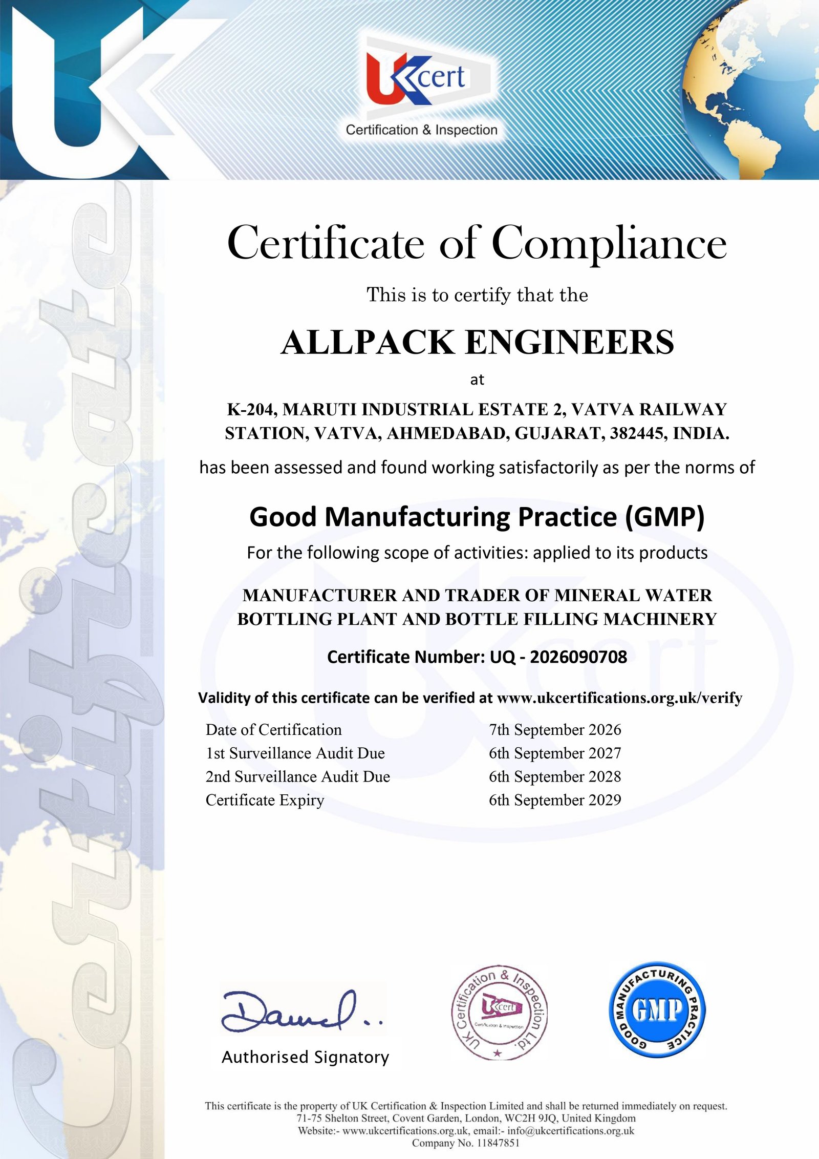Allpack Engineers Good Manufacturing Practice GMP Certificate