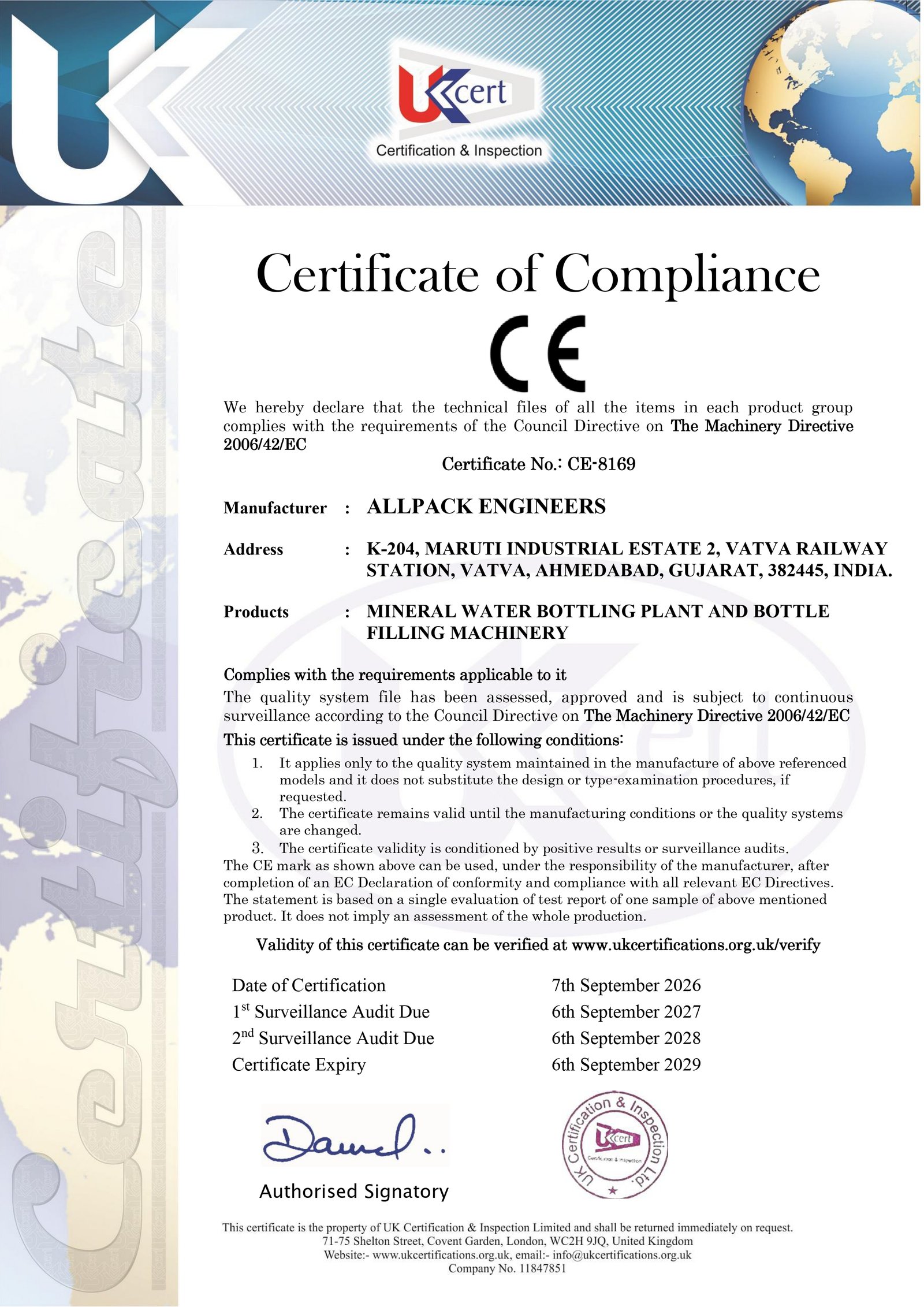 Allpack Engineers CE Certificate of Compliance