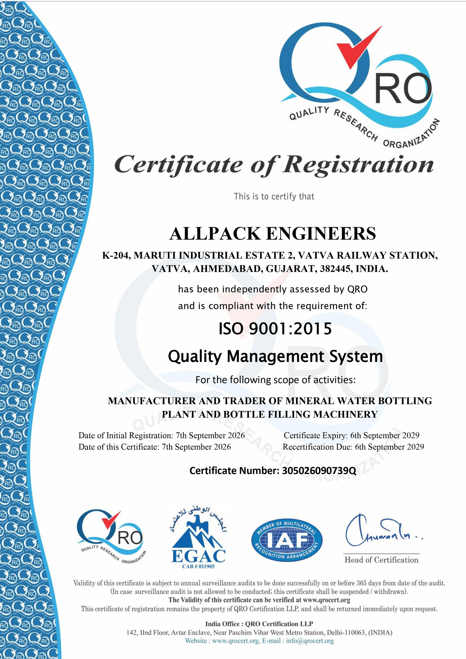 Allpack Engineers ISO 9001 2015 Quality Management System Certificate